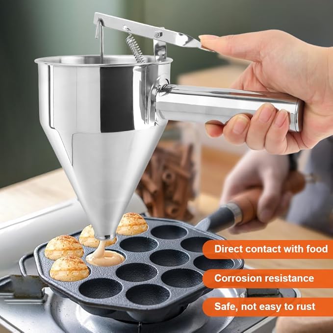 Pancake Batter Dispenser, Stainless Steel Funnel Cake Dispenser with with Squeeze Handle & Stand for Cupcakes, Pancakes, Takoyaki, Waffle and Baked Goods(Size:L,1200ml)
