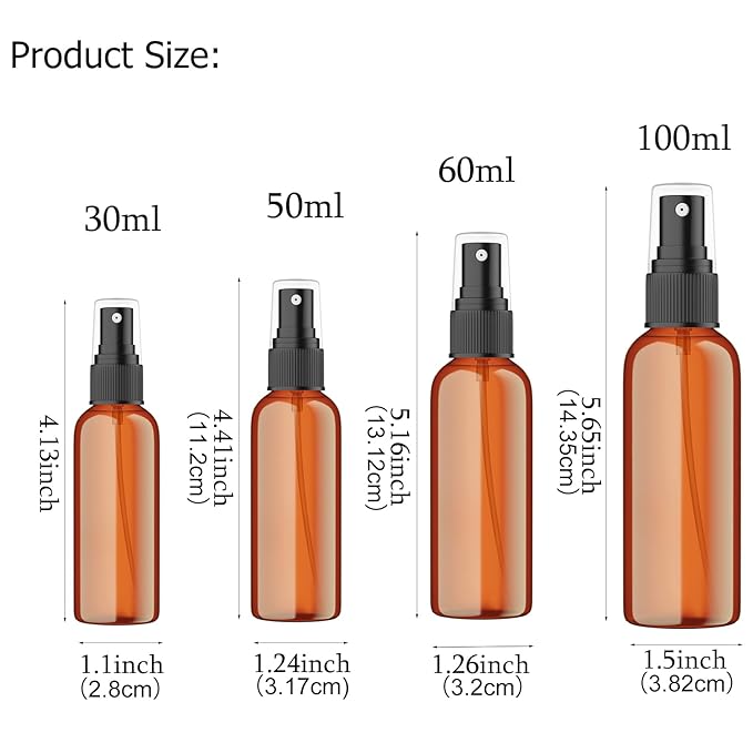 SEVENHEAD Amber Plastic Essential Oil Spray Bottle Four Size - 1oz, 1.7oz, 2oz and 3.4oz, Small Spray Bottle with Plastic Sprayer - Set of 4
