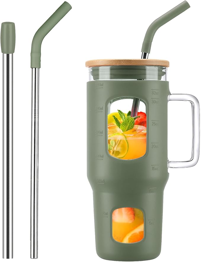 WINSA Glass Tumbler with Lid, 32 oz Glass Cup with Handle, Glass Water Bottles with Time Marker, 2 Straws - Pearl Straw & Silicone Protective Sleeve - Olive