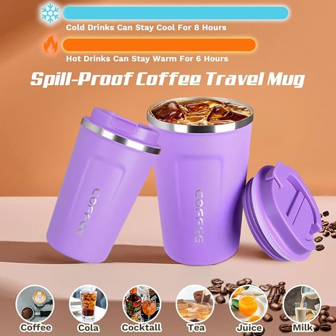 SPLMIFA Travel coffee mugs leak-proof, reusable coffee cup with lid, stainless steel vacuum insulated coffee tumblers, thermal insulation cups for men & women keep drinks hot & cold (2nd-Purple, 12OZ)