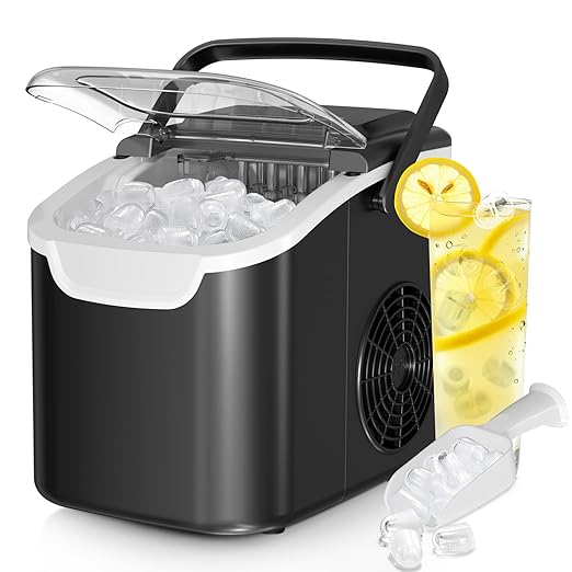 Ice Maker Countertop, 26.5lbs/24Hrs, 8 Bullet ICES in 6 Mins – Self-Cleaning Portable Ice Maker with Selectable Ice Size & Touch Display for Home/Office/Bar, Matte Black