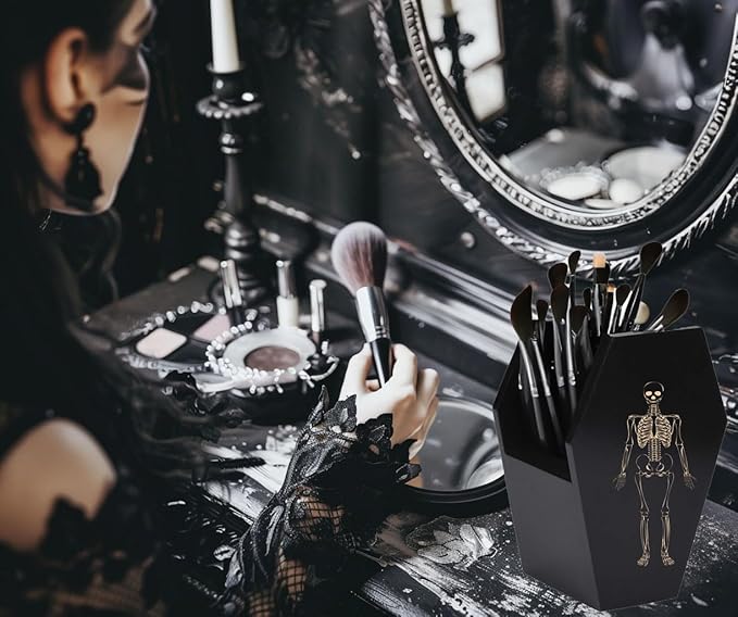 Halloween Gothic Kitchen Decor - Goth Coffin Utensil Holder (Utensils Not Included), Dual-Sided Laser-Etched Skeleton, Solid Wood Large Capacity for Spooky Bats Spoons Skull Spatulas