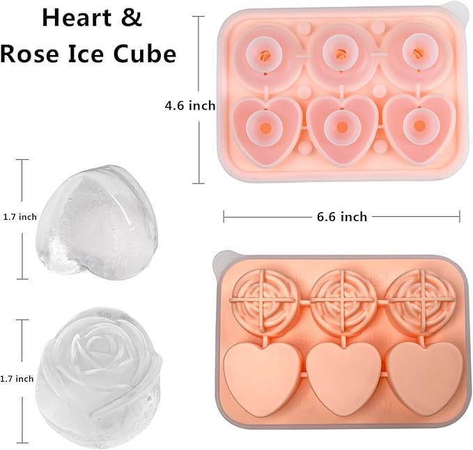 Rose Ice Cube Mold, Heart Shapes Ice Cube Tray, Silicone Ice Mold Fun Shapes with Clear Funnel-type Lid, 3 Heart & 3 Rose Ice Balls for Chilling Whiskey Cocktails Drinks, Pink