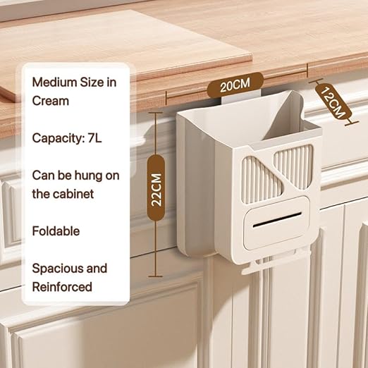 Hanging Trash Can for Kitchen Cabinet Door, 1.85 Gallon Kitchen Trash Can with Space-Saving Design, Collapsible Garbage Can for Kitchens,Cabinet Door, Bathroom, with Trash Bag Compartment - Cream