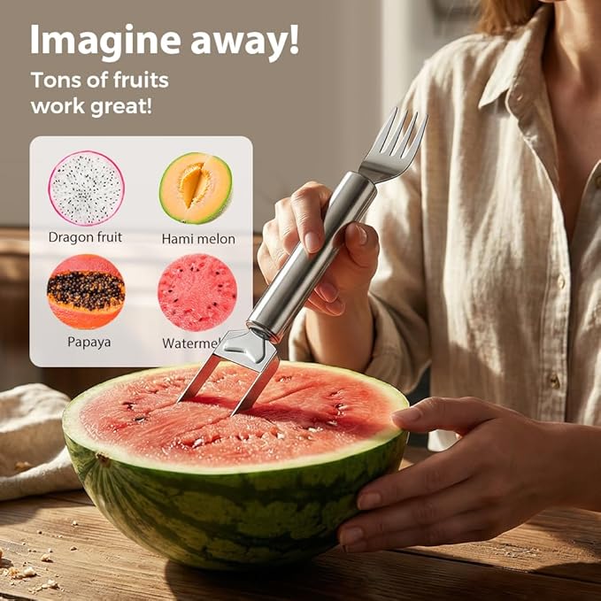 2-in-1 Stainless Steel Fruit Cutter, Upgraded Watermelon Slicer Tool, Portable Fruit Forks for Home, Kitchen and Camping (1 Pcs)