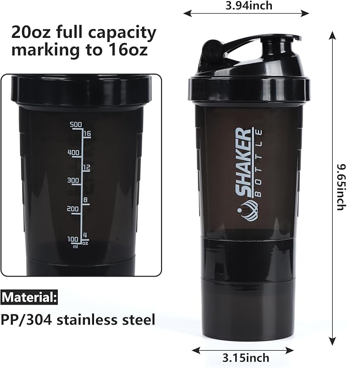 Protein Shaker Bottle,Sports Water Bottle,Leak Proof Shake Bottle For Protein Mixer- Non Slip 3 Layer Twist Off 3oz Cups with Pill Tray - Protein Powder 16 oz Shake Cup with Storage,Black