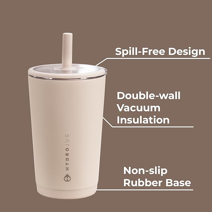 HydroJug Everyday Tumbler 14 oz – Ceramic-Lined Insulated Tumbler with Straw and Soft-Touch Lid, Cup Holder Friendly, Double-Wall Vacuum Insulation, Reusable Travel Cup – Dune