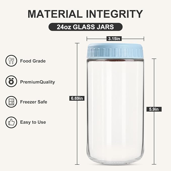 SHOWIN Overnight Oats Containers with Lids, 24oz Glass Jars with Lids 4 pcs, Light Blue, Wide Mouth Mason jars for Salad, Yogurt, Snacks, Meal Prep