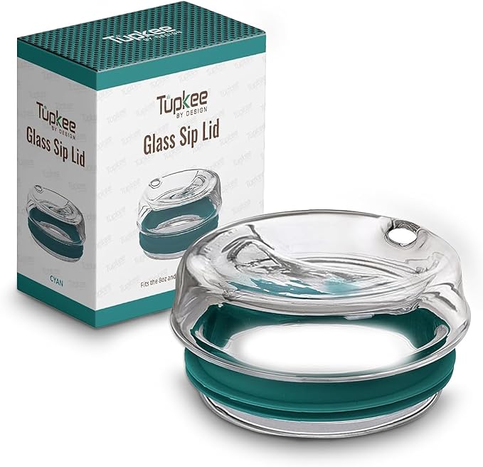 Tupkee Glass Sip Lid Cyan - Replacement for Double Wall Tumbler, 14oz & 8oz Hand Blown Travel Mug