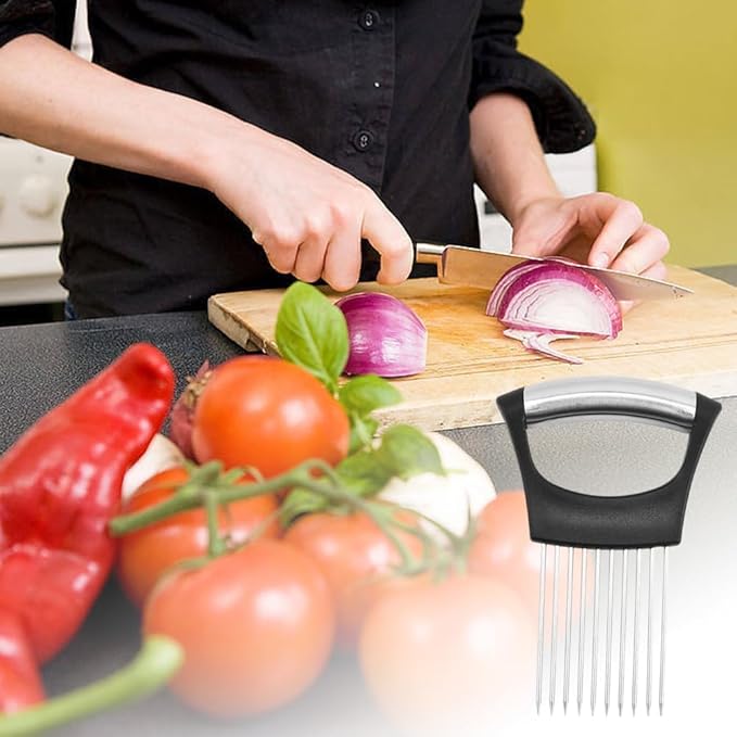Onion Holder for Slicing, Stainless Steel Onion Slice Holder Lemon Slicer Cutter for Slicing, Multi-Use Vegetable Chopper for Onions Tomatoes Avocados Potato Meat Lemon, Food Slicing Assistant (1pcs)