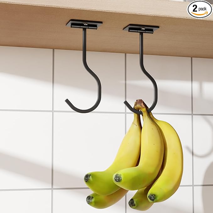 2-Pack Self Adhesive Metal Banana Hanger Hook, Under Cabinet Hook For Kitchen Items, Foldable Banana Hook With Magnets