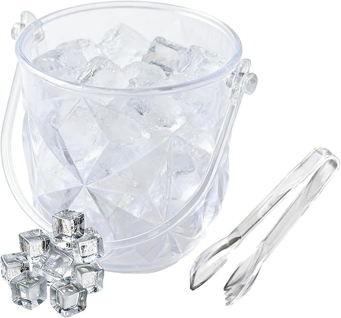 Crystal Ice Bucket with Handle & Tongs-1.1 L Plastic Clear Champagne Ice Buckets for Parties, Beer, Wine, Drinks, Cocktails,-Soda, Mimosa Bar Supplies (Style-D, 37 oz (1.1 L))
