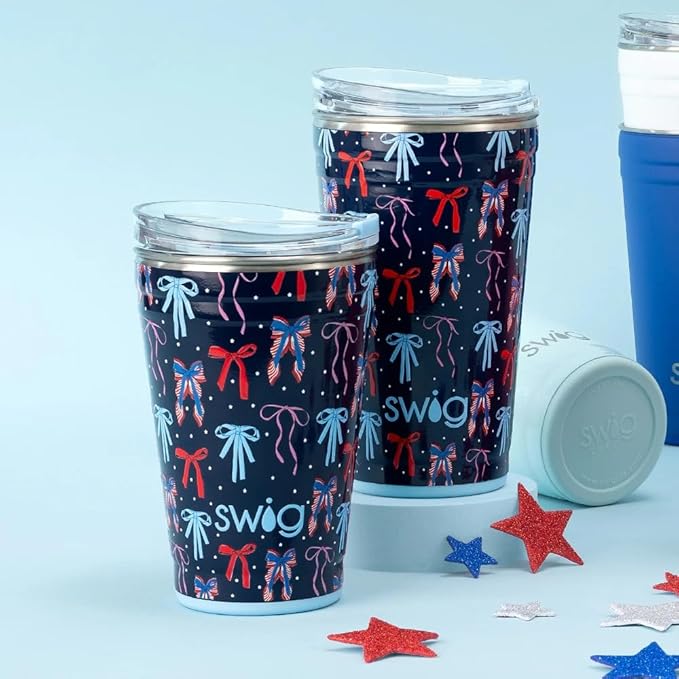 Swig Life 24oz Party Cup, Stackable Insulated Travel Coffee Tumbler with EZ Slider Lid, Cup Holder Friendly, Stainless Steel 24 oz Tumbler, Reusable Coffee Mug (Miss Independence)