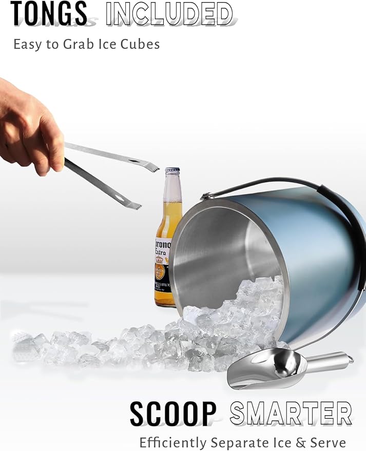 Bakpoco 4L Ice Bucket with Silicone Lid, Scoop, Tongs & Strainer, Stainless Steel Double Wall Insulated Ice Buckets for Parties & Cocktail Bar, Outdoor Champagne Ice Container Bin, Navy