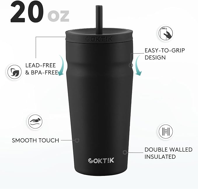 COKTIK 20oz Insulated Tumbler with Lid and Straw Iced Coffee Cup Reusable Stainless Steel Travel Mug Water Bottle Cupholder Friendly for Women Men Her Him (Black)