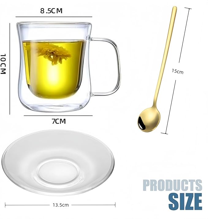 Double Wall Glass Coffee Mugs Set, Teacup with Saucer and Spoon Set of 2 Pack, 8.5oz/260ml for Cappuccino, Latte, Hot and Cold Drinks (Clear - Waisted Style - 2 Pack)