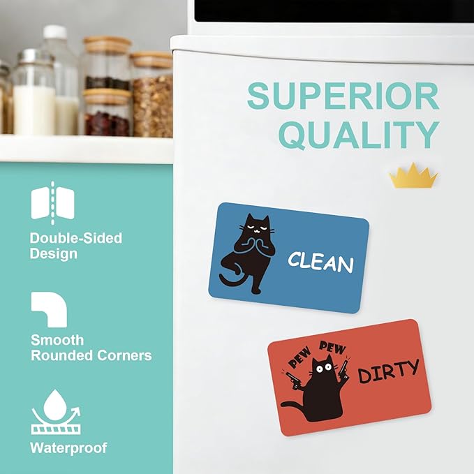 Funny Black Cat Clean Dirty Dishwasher Magnet - Cute Refrigerator Kitchen Magnet, Non-Scratch Strong Double Sided Washing Machine Sign, Housewarming Gifts for Cat Lovers, Home Apartment Essentials (Blue&Red)