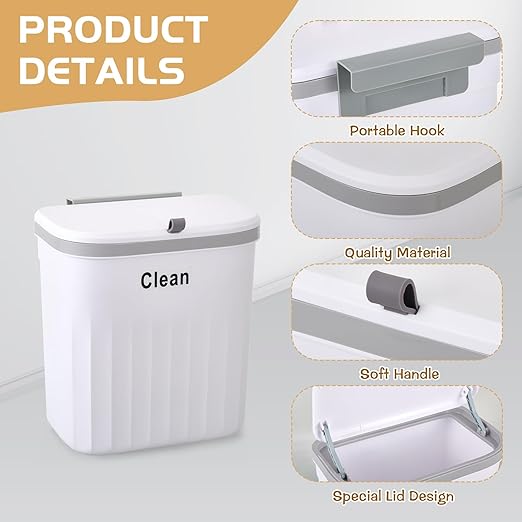 3 Pack Hanging Trash Can with Lid, 12L/3.2 Kitchen Compost Bin for Counter Top & Under Sink, Plastic Waste Basket Wall Mounted Garbage Can for Cupboard/Bathroom/Bedroom/Office/Outside (White)