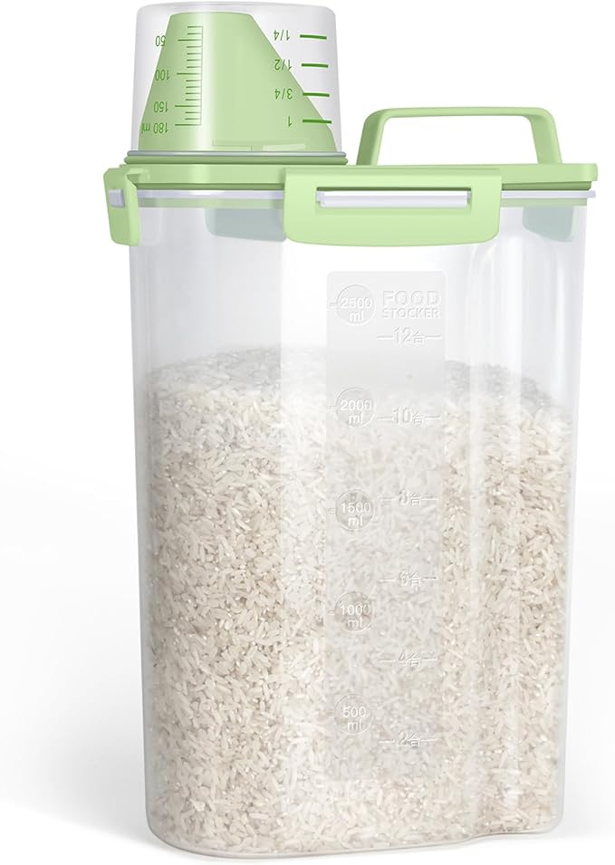 TBMax Small Rice Storage Container -5 Lbs Cereal Dispenser with Measuring Cup, Airtight Dry Food Container Bin for Kitchen Pantry Storage Organization -Green