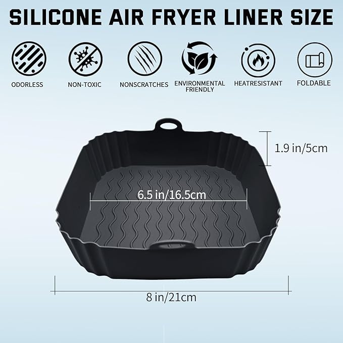 2 Pack Air Fryer Liners,8 Inch Silicone Airfryer Liners,Air Fryer Accessories,Reusable Baking Tray Oven Accessories,Replacement of Flammable Parchment Paper (Red Blue) (Black&Red&Blue)