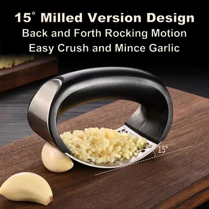 Garlic Press Rocker,New Stainless Steel Garlic Mincer Garlic Crusher Set,3-in-1 Garlic Crusher,Peeler with Cleaning Brush,Easy Squeeze Rocker Design for Smashing Garlic Kitchen Gadget