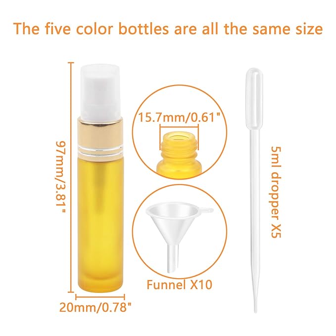 Ellbest 10PCS 10ml Small Spray Bottles Mist Spray Bottle Refillable Glass Spray Bottles Travel Size Perfume Atomizer (5 Droppers &10 Funnels Included)