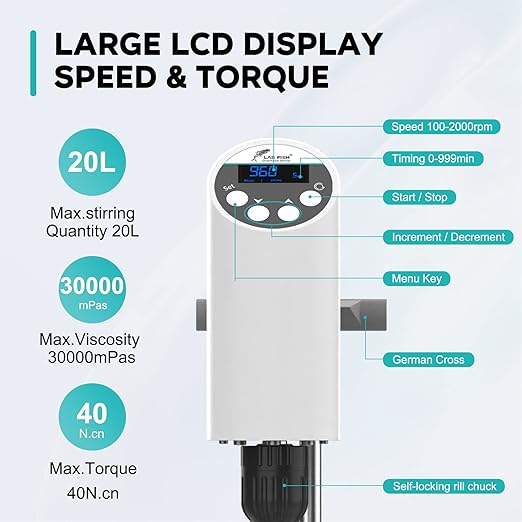 LAB FISH Laboratory Electric Overhead Stirrer Lab Digital Mixer | Stirring Rod and Stainless Steel Stand | Adjustable Speed 100-2000RPM,Powerful Heavy Duty 20L,30000 mPas