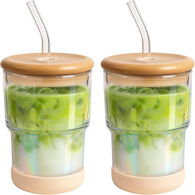 Zukro 13 oz/400ml Glass Cups with Bamboo Lid and Straw, Thick Wall Reusable Glass Tumbler for Iced Coffee, Tea, Matcha, Water Glasses for Home, Office, Non-Slip & BPA Free, Shimmer 2 Pack