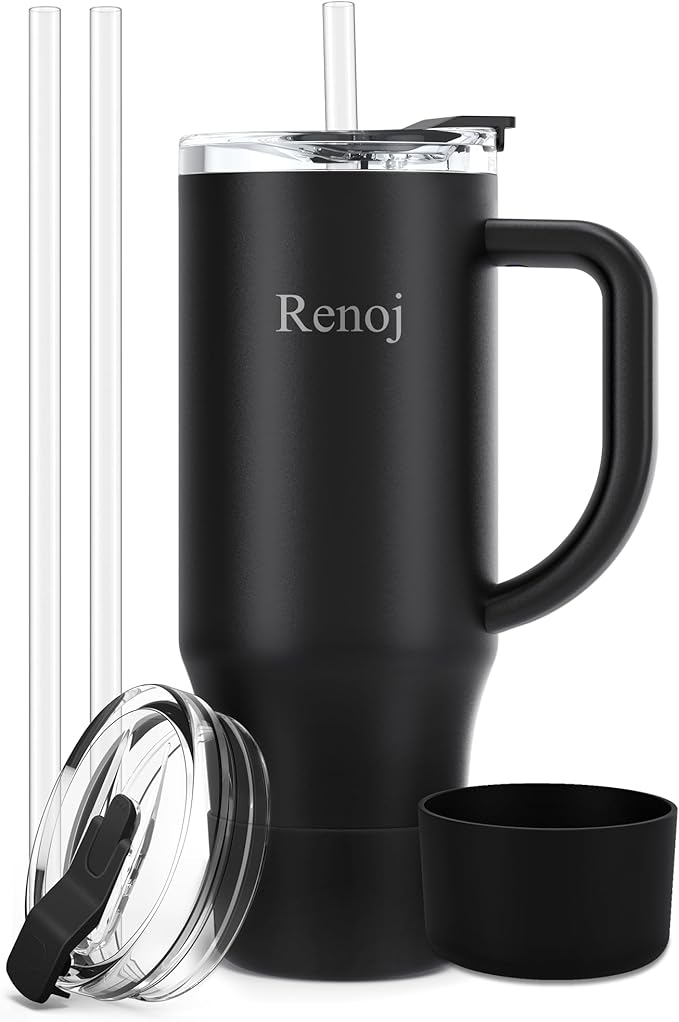 Renoj Insulated Mug 100% Leak Proof Insulated Water Bottle for Iced Coffee & Hot Drinks - Fits Car Cup Holder, Ideal Gift, 2 Straws & Silicone Boot - SnapShift Black 32 oz