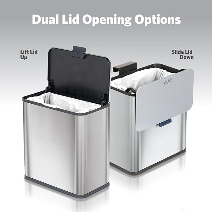 Glad Roomate Under Counter Trash Can - Space Saving Stainless Steel Waste Bin with Dual Lid and Clorox Protection - Small Trash Can for Kitchen Cabinet, Under Sink, or Bathroom, 1.5 Gallon (6L)