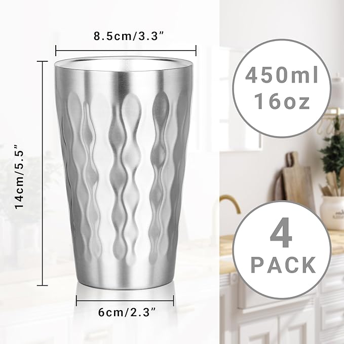 Stainless Steel Double Wall Cups, 16 oz Insulated Tumbler, 4 Pack Unbreakable Stackable Water Tumblers Insulated Metal Cup Premium Drinking Glasses for Travel Camping Home Outdoor