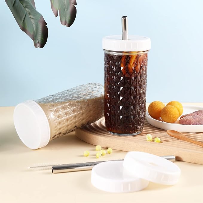 2 Pcs 24oz Glass Cups Set, Mason Jar Drinking Glasses with Lids and Straws & 2 Airtight Lids, Cute Reusable Smoothie cups, Iced Coffee Cups, Travel Tumbler for Bubble Tea, Juice, Gift