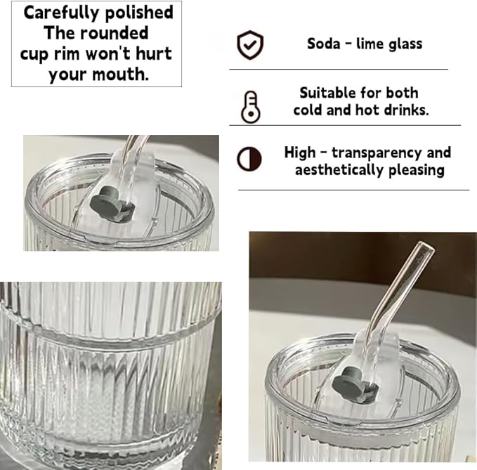 TINMIX 13.5OZ Small Glass Cups with Lids and Straws Mason Jar Low Drinking Glasses Ripple Glassware Iced Coffee Tumbler Smoothie Cup for Beer, Cocktail (2)
