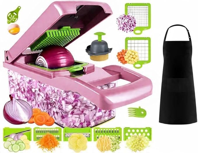 Kalmat Dynamics Food Chopper and Vegetable Slicer, 16-in-1 Multi-Function Kitchen Chopper with 7 Blades and Container, Free Black Cooking Apron (Pink+White)