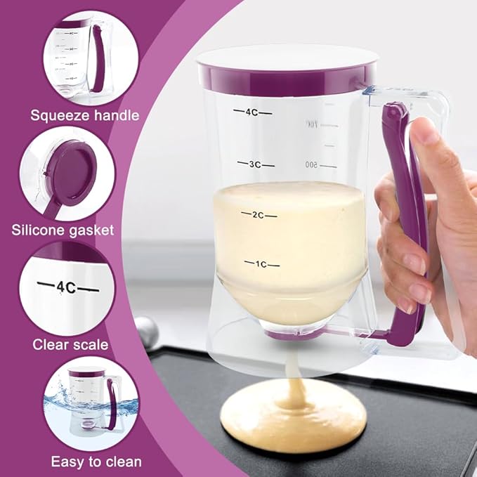 Pancake Batter Dispenser with Squeeze Handle, Cupcake Batter Dispenser with Oil Brush & Scraper for Precise Portion Control, Baking Tool for Pancakes Cupcake, Waffle, Muffin Mix (Purple)
