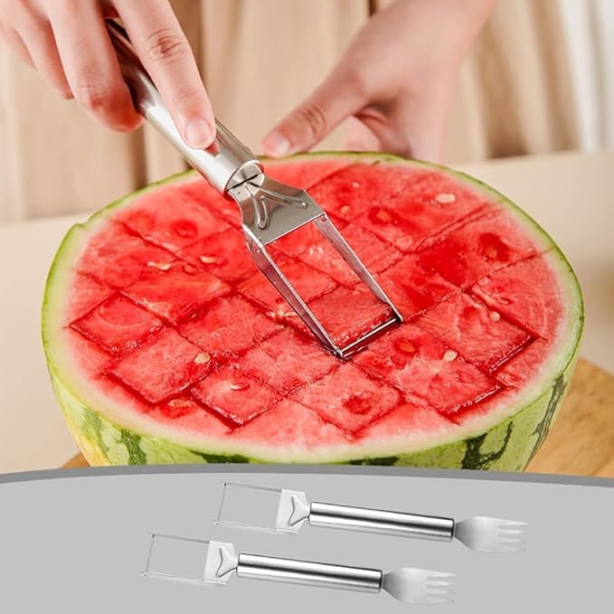4 Packs 2-in-1 Watermelon Fork Slicer Fruit Cutter, Stainless Steel Watermelon Cutter Artifact, Watermelon Cut ter Slicer Tool Fruit Forks Sli cer Knife Kitchen Gadgets