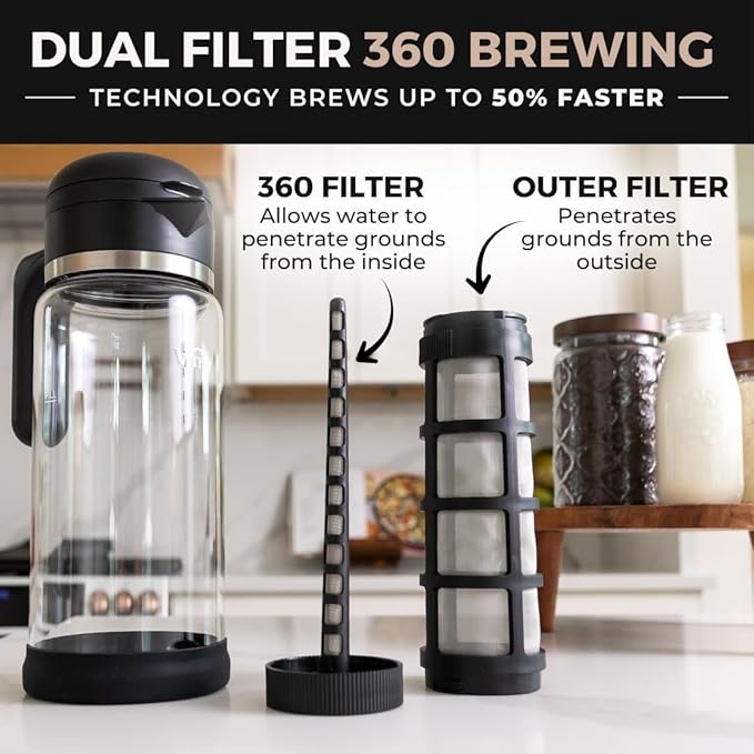 VINCI Cold Brew 360, Glass Cold Brew Coffee Maker Featuring Patented Dual Filter 360 Brewing Technology, Cold Brew for Iced Coffee (1.4 Liter / 47 FL.OZ)