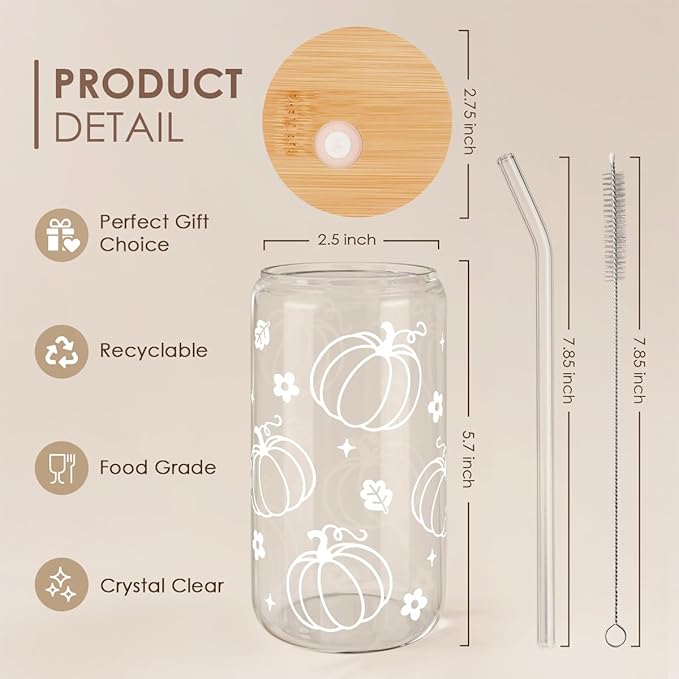 SANDJEST Pumpkin 16oz Can Glass Tumbler with Acrylic Lid & Straw, Iced Coffee Cup for Women Girls, Fall Aesthetic Cups Gifts