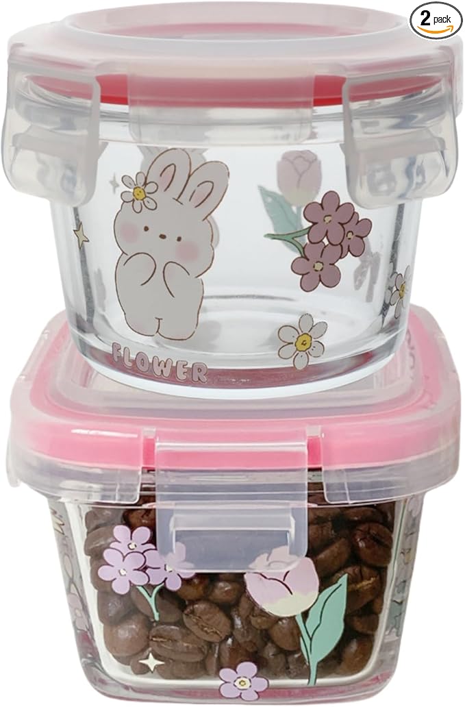 Ivymei 2 Pack Mini Glass Containers with lids,Small Floral Food Storage Contaiers Glass Food Jars for Food Portion,Dipping Sauce,Snack,Yogurt,Fruit,Leakproof,Microwave Freezer Safe(pinkpurple)
