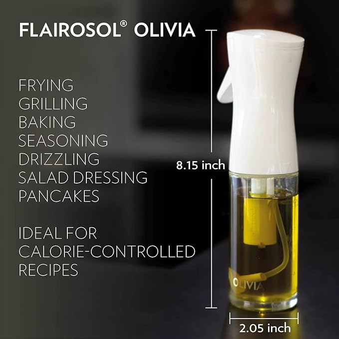 FLAIROSOL OLIVIA. The Original Advanced Oil Sprayer for Cooking, Salads, BBQs and More, Continuous Spray with Portion Control, Trusted by Chefs. Patented Technology. (Glass Bottle) (White Print)