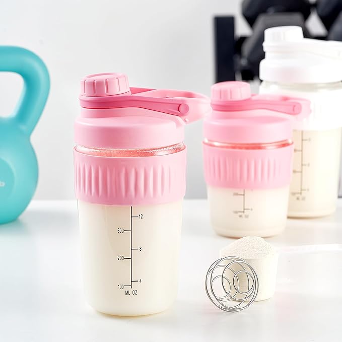 16oz Glass Shaker Bottle for Protein, Small Borosilicate Glass Protein Powder Leak-Proof Shaker Cup Mixes with 304 Blending Ball(16oz,Pink)