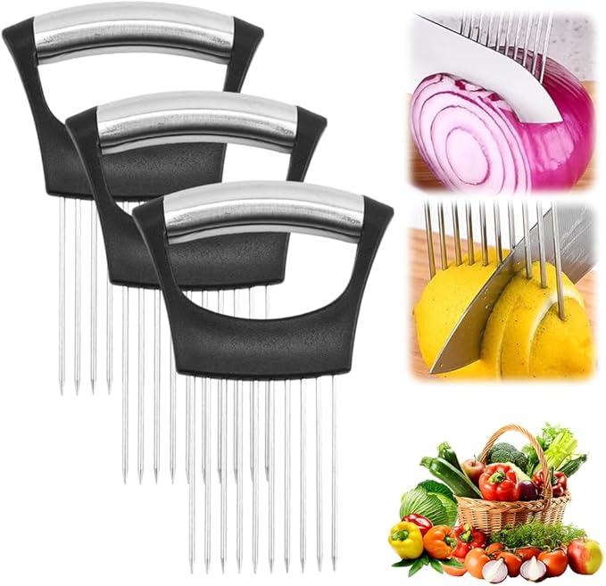 Onion Holder for Slicing, 2025 New Lemon Slicer Onion Cutter, Vegetable Cutter for Onion, Potato, Tomato, Kitchen Chopper Slicing Assistant Tool for Slicing Fruit Lemon and Meat (3pcs)