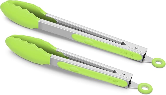 2 Pack Silicone Kitchen Tongs – 9" & 12" Set, Heat Resistant up to 500°F, Non‑Stick Cookware Safe, Wavy Silicone Tips, BPA Free, Locking Clip & Hanging Loop, Light Green