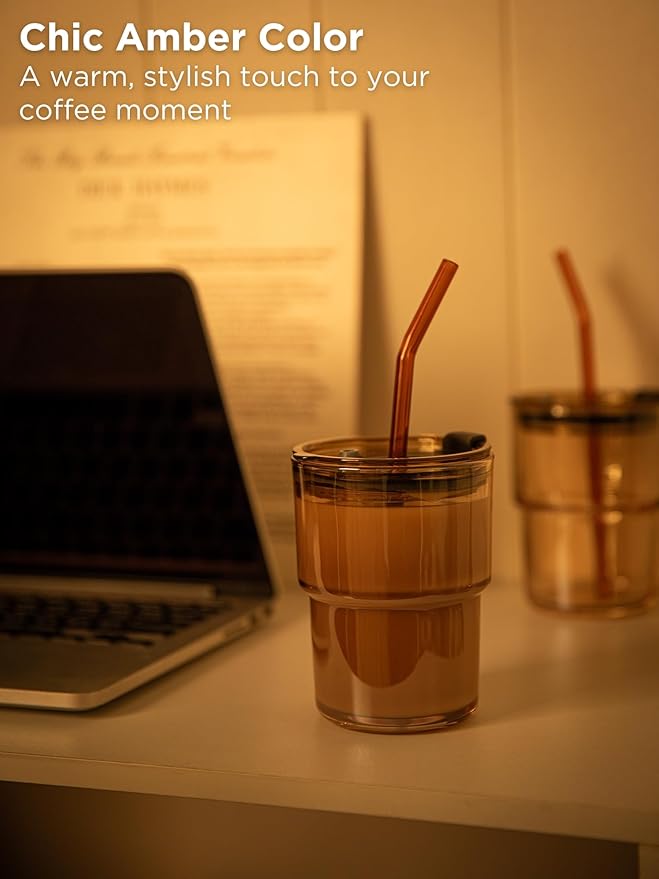 Olvini 13oz Glass Tumbler with Straw and Lid, Reusable Iced Coffee Cup Tumbler, Cute Glass Cups for Water, Matcha, Travel Coffee Mugs (Amber - 13oz)