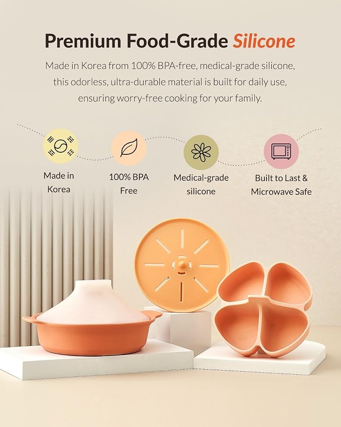 Moyuum Silicone Microwave Divided Steamer | Made in Korea, Baby Food Maker Bowl with 4 Compartment Divider and Steaming Tray, Steam Cooking Pot for Purees and Vegetables, Dishwasher Safe - Pistachio