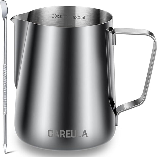 Milk Frothing Pitcher, 20oz Stainless Steel Milk Frother Cup Steaming Pitcher, Coffee Bar Cappuccino Espresso Machine Accessories Barista Tools, Metal Pitcher Milk Jug with Decorating Latte Art Pen