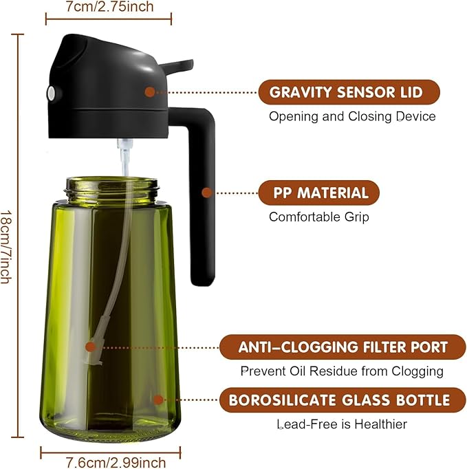 16oz/470ml Glass Olive Oil Sprayer for Cooking - 2 in 1 Olive Oil Dispenser for Kitchen Gadgets, Air Fryer, Salad, and BBQ (black)