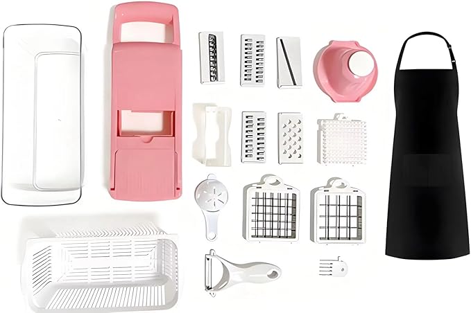 Kalmat Dynamics Food Chopper and Vegetable Slicer, 16-in-1 Multi-Function Kitchen Chopper with 7 Blades and Container, Free Black Cooking Apron (Pink+White)