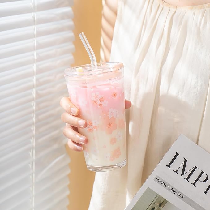 Olvini 15oz Glass Tumbler with Glass Straw and Lid, Cute Iced Coffee Cups, Aesthetic Glass Cups, Coffee Tumbler, Water Cup, Matcha Cup, Drinking Glasses (Cherry blossom)