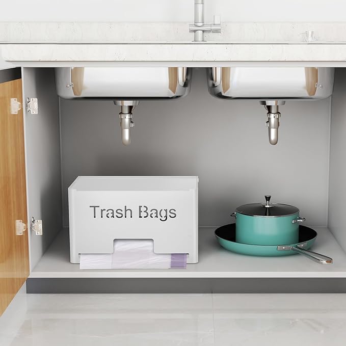 STWWO Extra Large Trash Bag Holder Dispenser, Metal Garbage Bag Dispenser Roll Holder, Trash Storage Organizer for Kitchen Laundry Room Under Sink, Wall Mounted or Freestanding, White